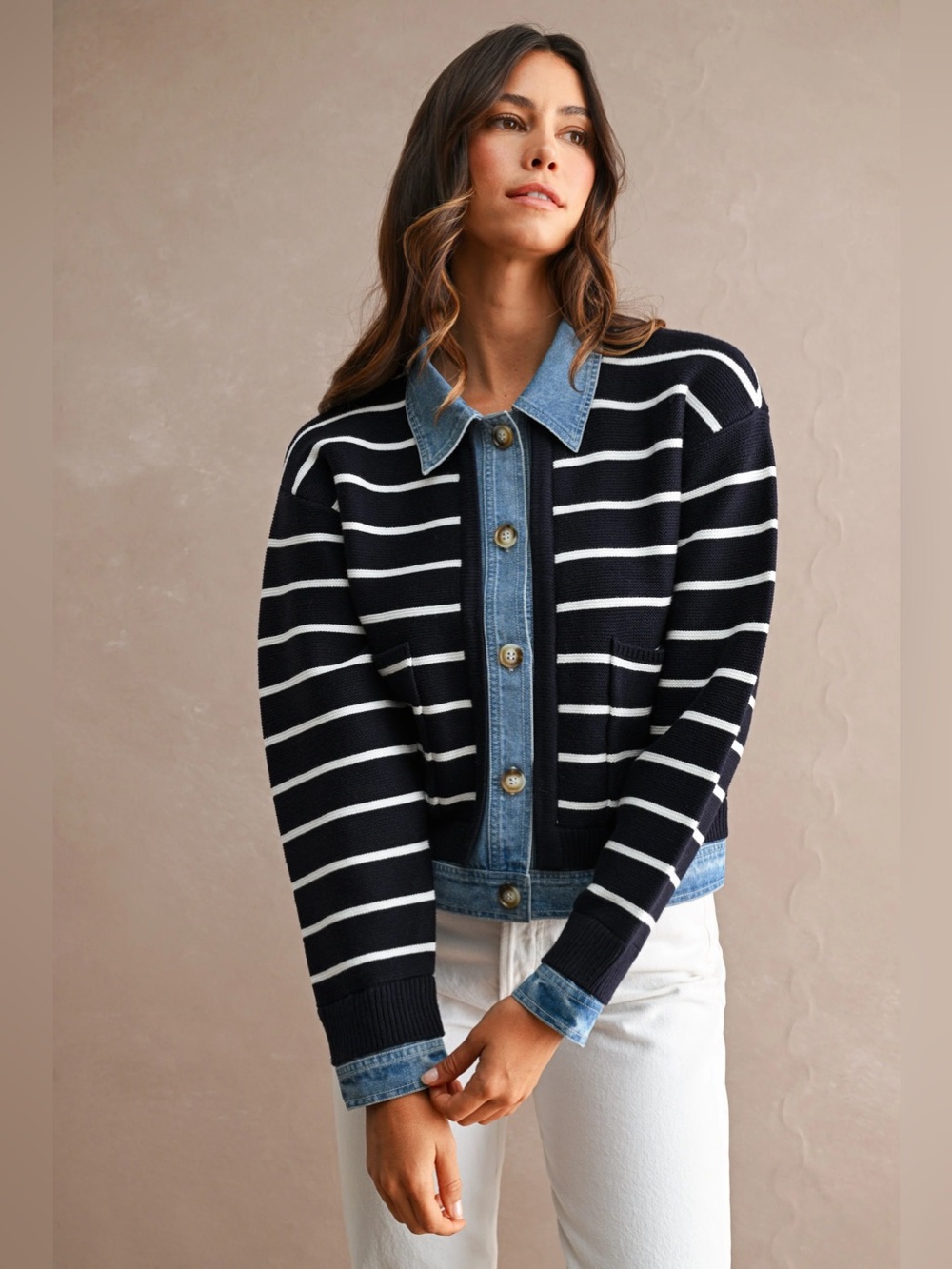 NWT Navy Striped Knit Cardigan with Denim Trim | Button Down Cardigan - Picture 2 of 8